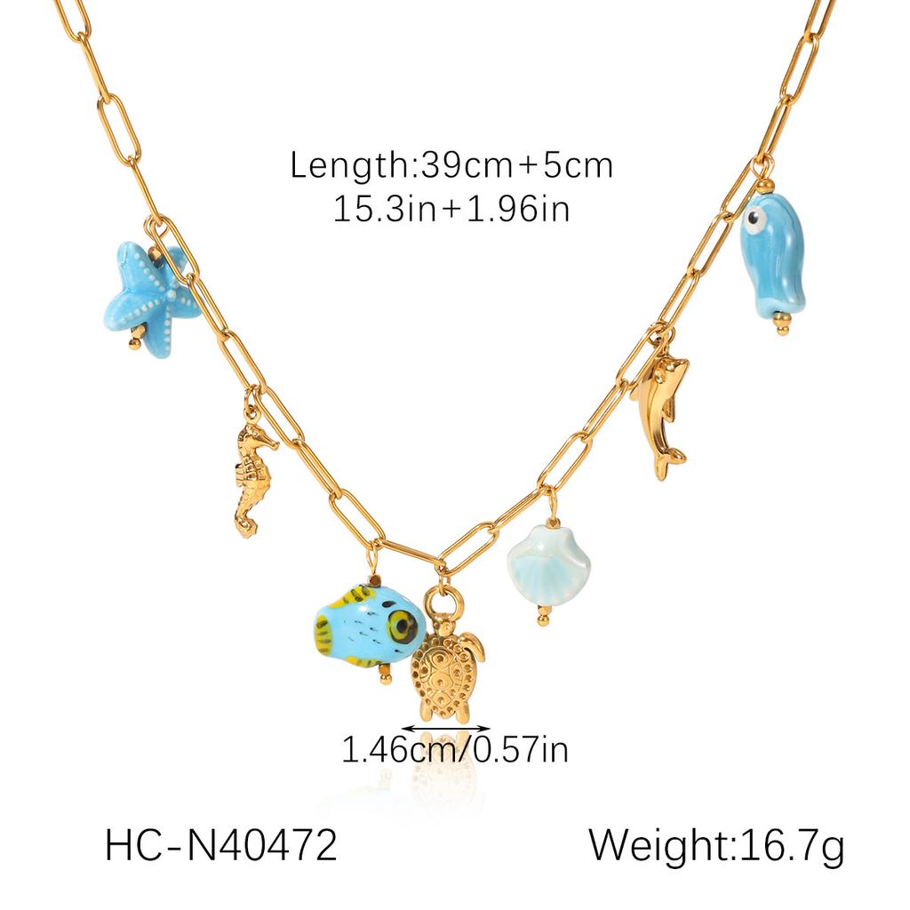 Ocean Themed Titanium Steel Necklace With Starfish Dolphin Seahorse Shell Pendant Choker Chain Women's Jewelry
