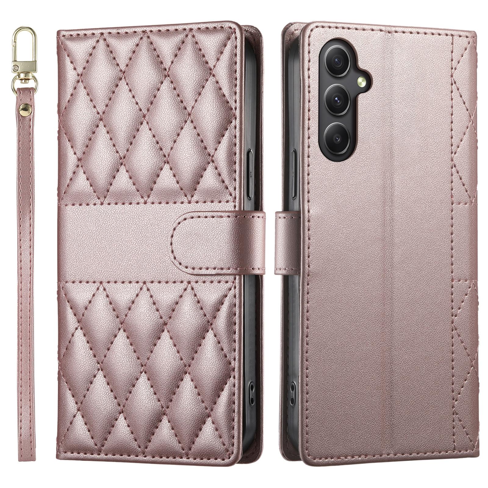 

Для Samsung Galaxy A35 5G Чохол Ромбова Прошивка Гаманець Підставка Шкіряний Чохол для Телефону з Довгим/Коротким Ремінцем Rose Gold