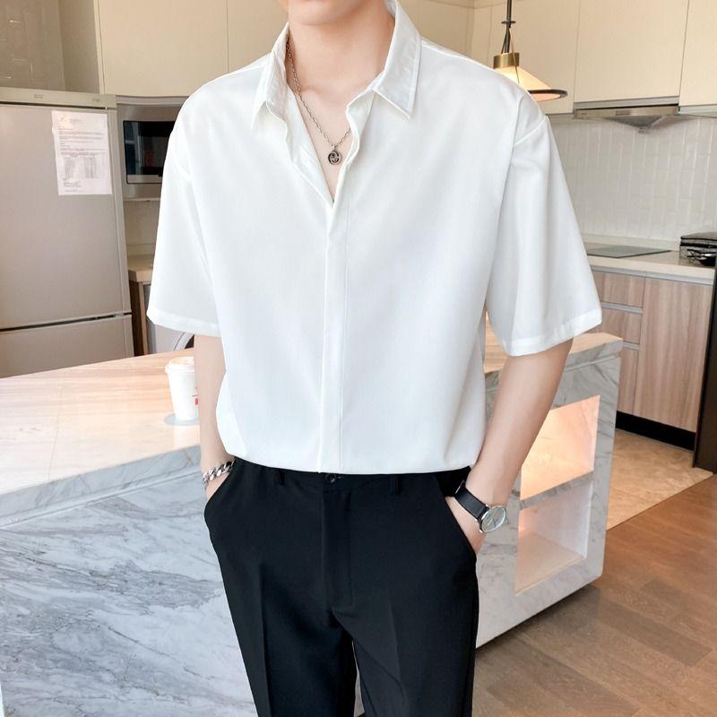 New Summer High End Handsome Fashion Cool Style Flip Collar Buckle Casual Loose Oversize Ice Silk Solid Color Shirt for Men