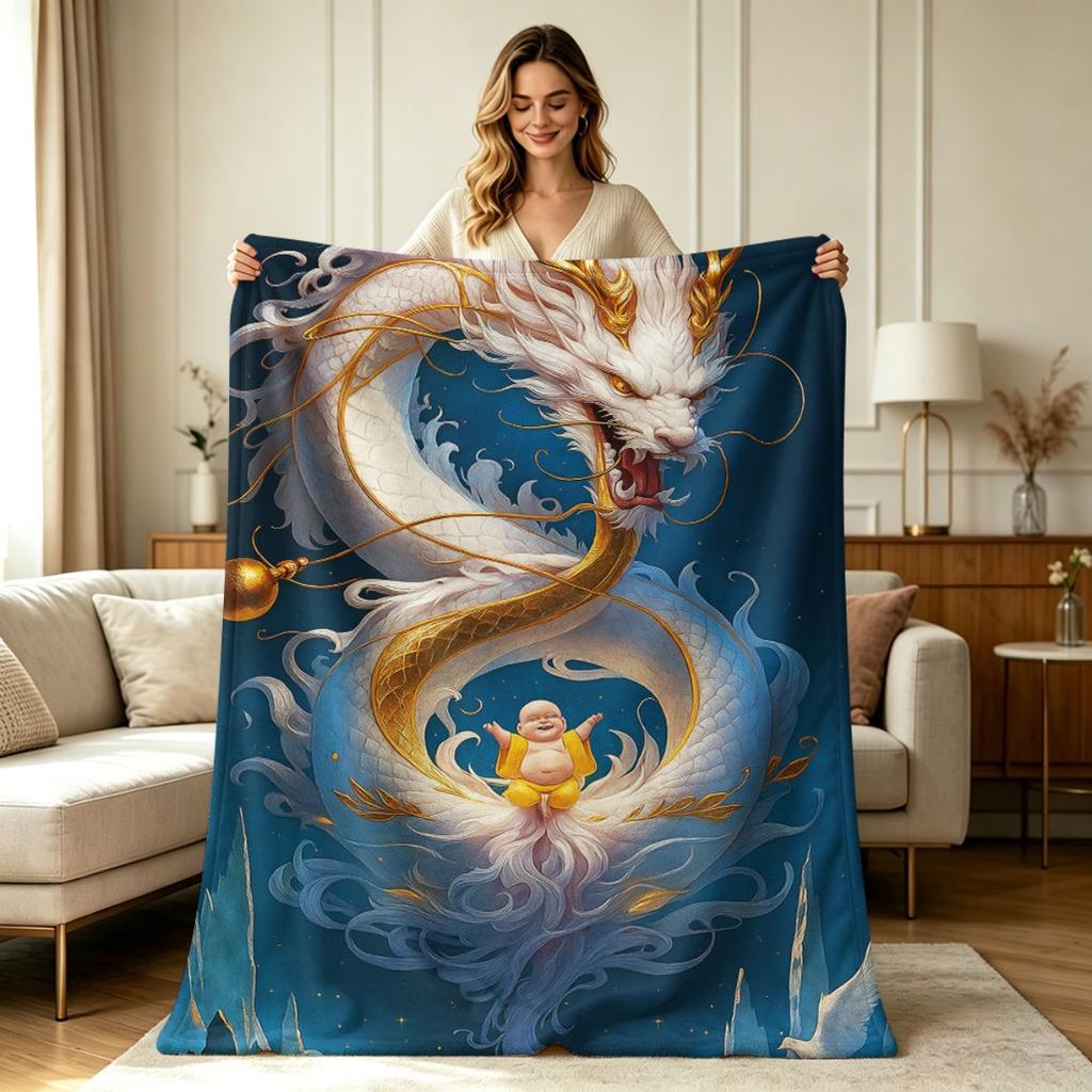 Soft Flannel Blanket with Mythical Eastern Dragon And Laughing Print for All Season Warm Cozy Throw Blanket for Couch Bed Sofa Office Living Room Deco