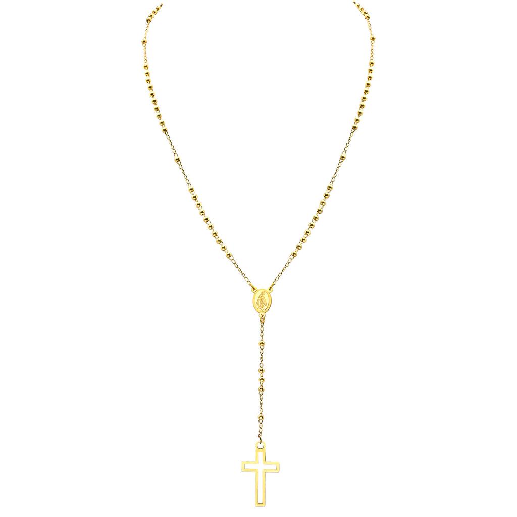 Damen Kreuz Rosenkranz Halskette, Maria mit Kreuz Anhänger, Schwarz Gold Farbe Edelstahl Christus Jesus Gebet Kirche Schmuck