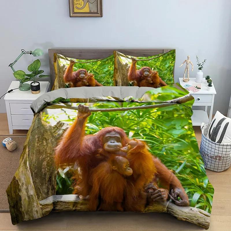 Orangutan Duvet Cover King Queen Size Cute Monkey Bedding Set Palm Leaves Tropical Botanical Polyester Comforter Cover for Adult