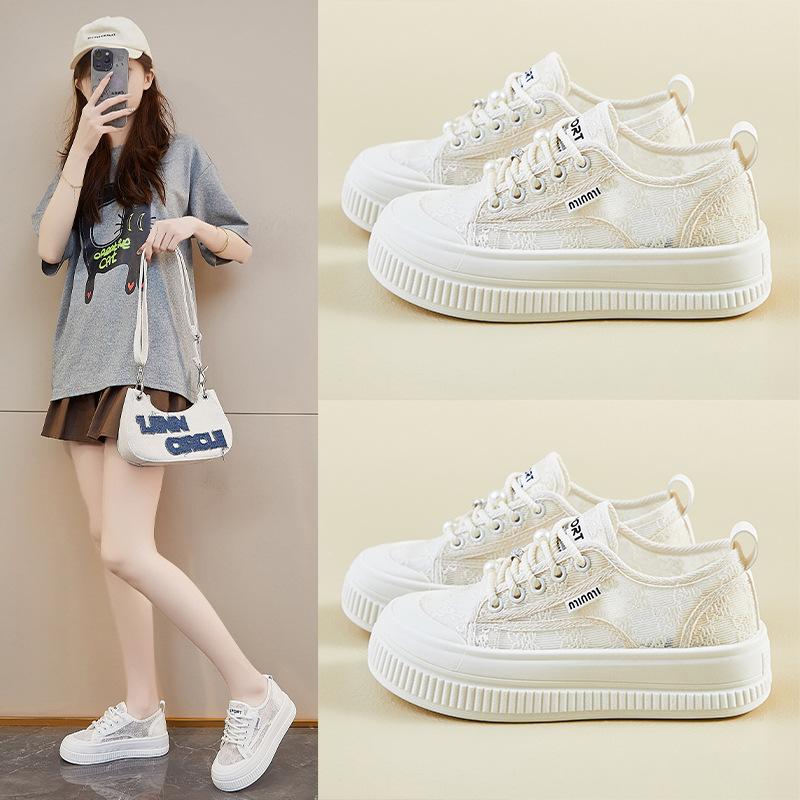 Nové letní bílé boty pro studentky, silná podrážka, zvýšené, síťované, prodyšné, ležérní, streetový styl