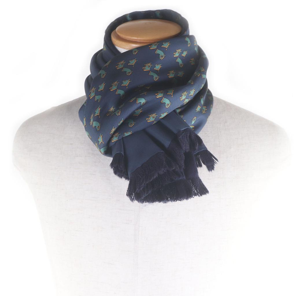Excellent HERMES Scarf Horse Harness All-over Pattern Navy Silk Mens Used