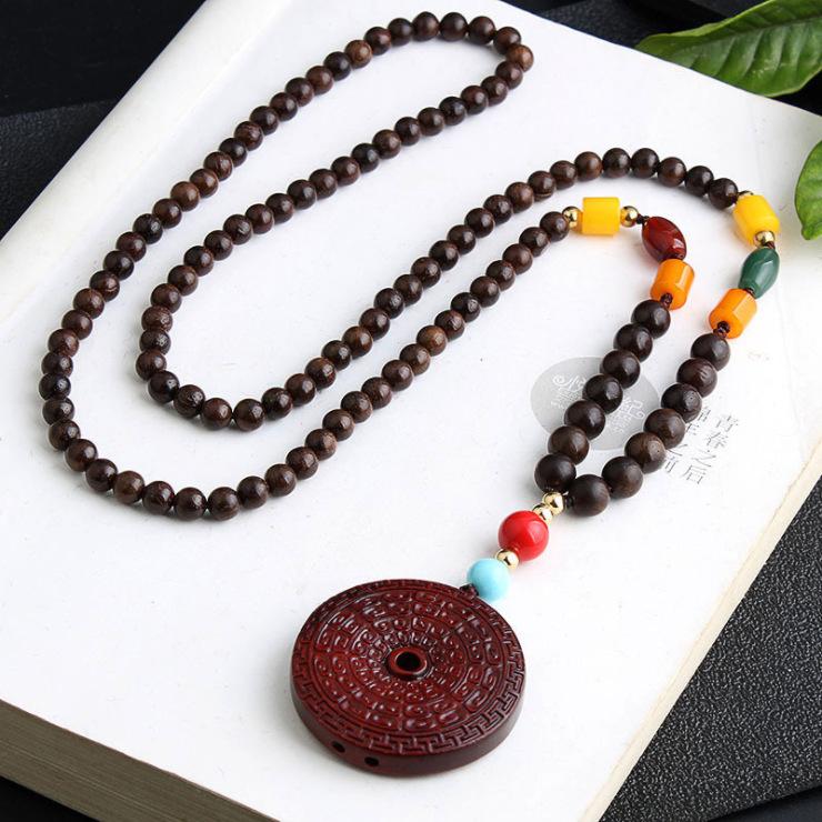 Indische Lobuläre Rotsandelholz Retro Ethno Stil Halskette, Sicherheitsverschluss egal Marke, Literarische Herren- und Damen-Lange Pulloverkette Anhänger