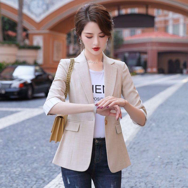 K-style Spring/Summer New Arrival Fashion Commuter Ol Thin Suit Collar One Button Five-Quarter Sleeve Small Business Suit Coat Easiest for Match Women