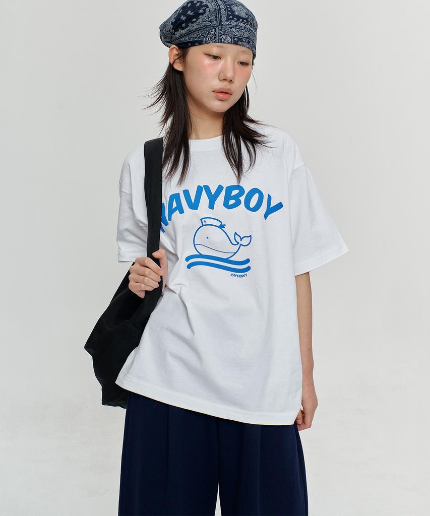 PAPERBOY [Set] Navy Boy Short Sleeve Half Pants Set-White Melange