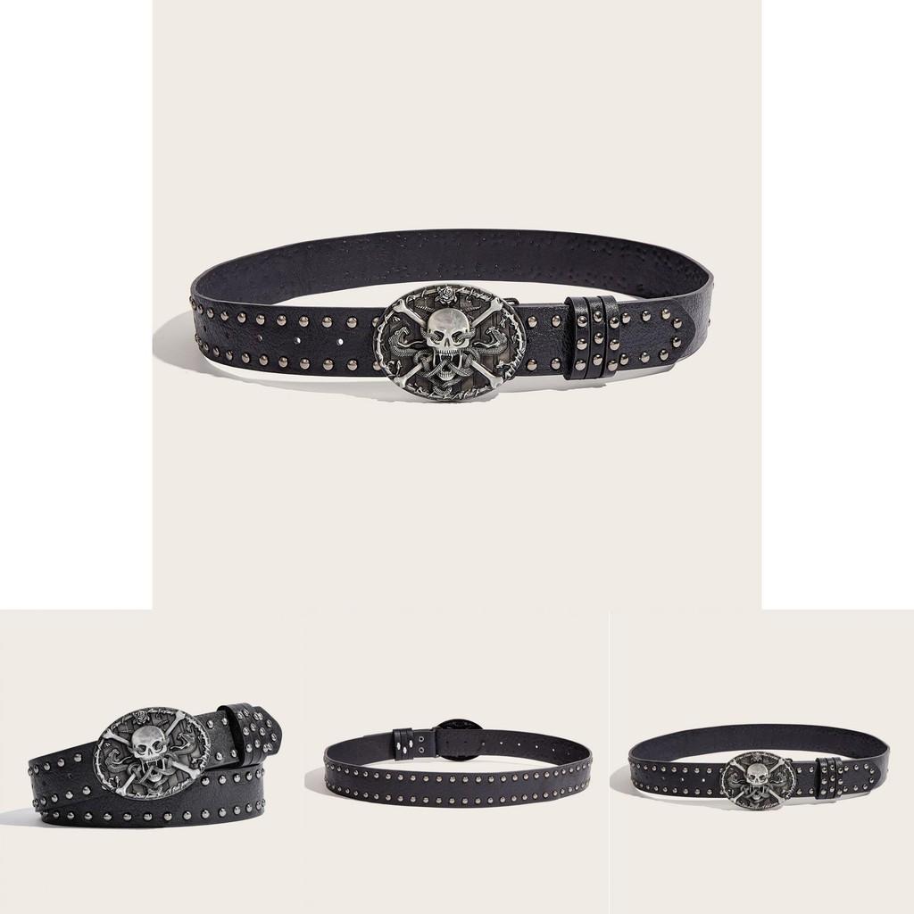 Punk Skull Leather Belt For Men With Metal Snap Closure For Casual Streetwear