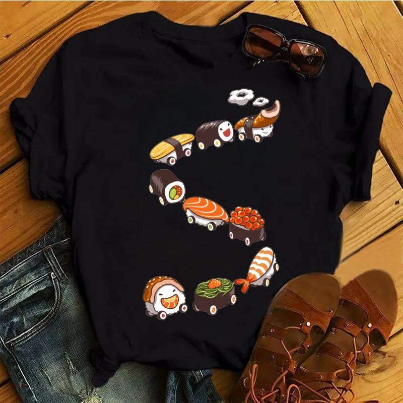 Cute Sushi hug Women T-shirts Summer black Short Sleeve T shirt girl femme O-Nock Kawaii Clothing Top tee Ladies Harajuku Tshirt