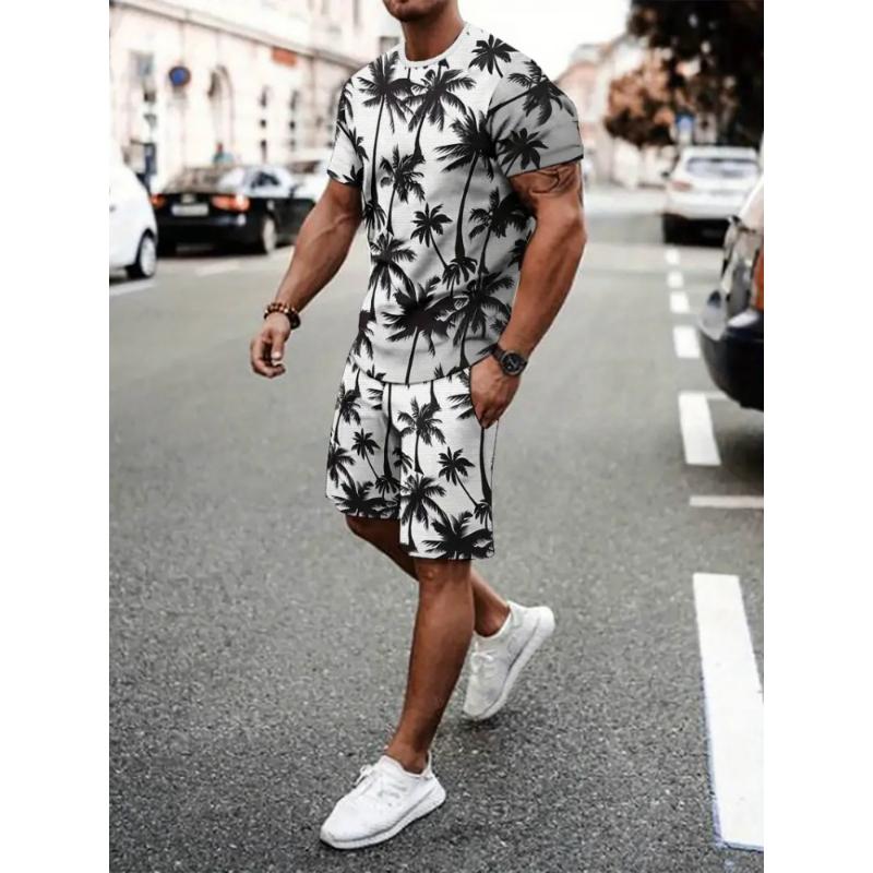 Summer Men's Casual Short Sleeve Suit Retro Palm Print Casual Holiday Fashion Street Wear Short Sleeve Shorts 2 Pieces