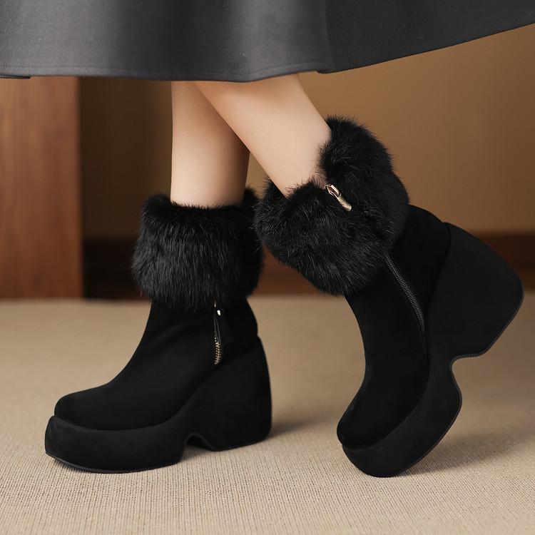 Rabbit fur cotton shoes autumn and winter new women's short boots 2025 fashion round head velvet warm waterproof table slope high heel