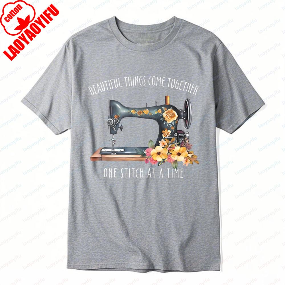 Sewing Hobby TShirt Beautiful Things Come Together Floral Printed Tee Crafting Lover Casual Cotton Tops Retro Women Clothes S