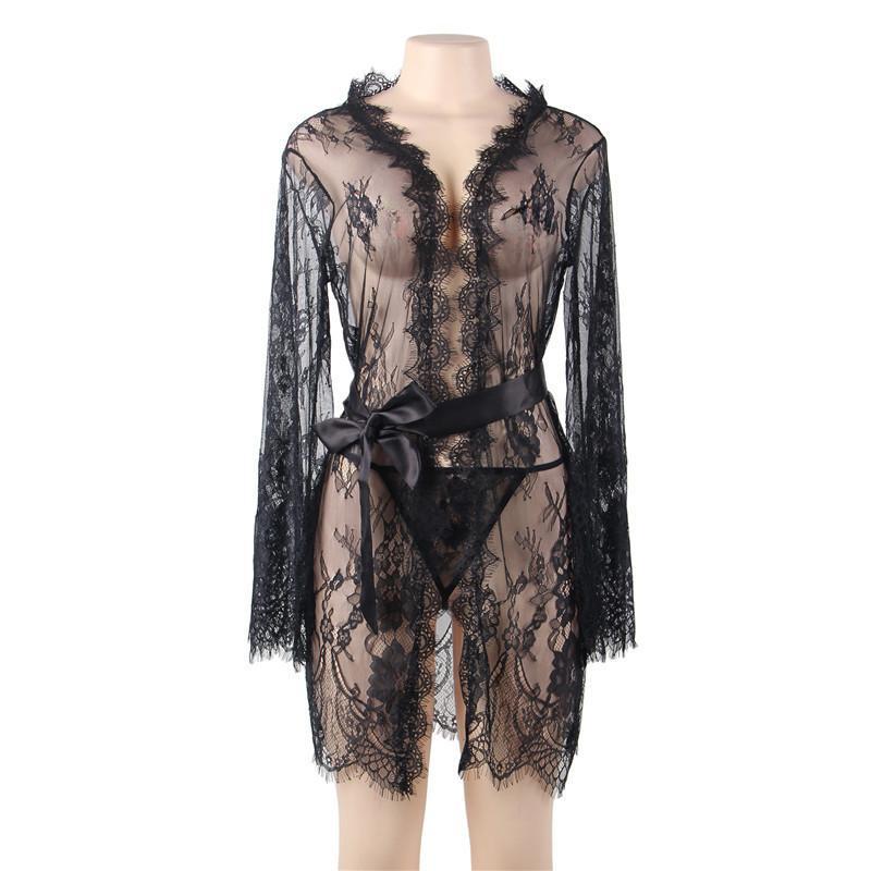 Women's Pajamas Plus Size Erotic Pajamas Belted Sexy Lace Pajamas See Through Cardigan Pajamas