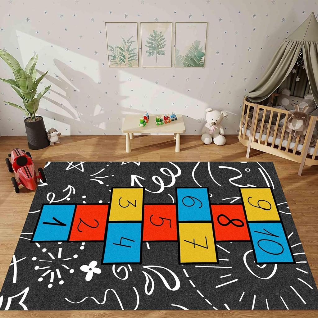 Kids Area Rug Graffiti Colorful Play Rug Mat Hopscotch Mat for Kids Boy Nonslip Numbers Educational Rugs for Bedroom Room Decor