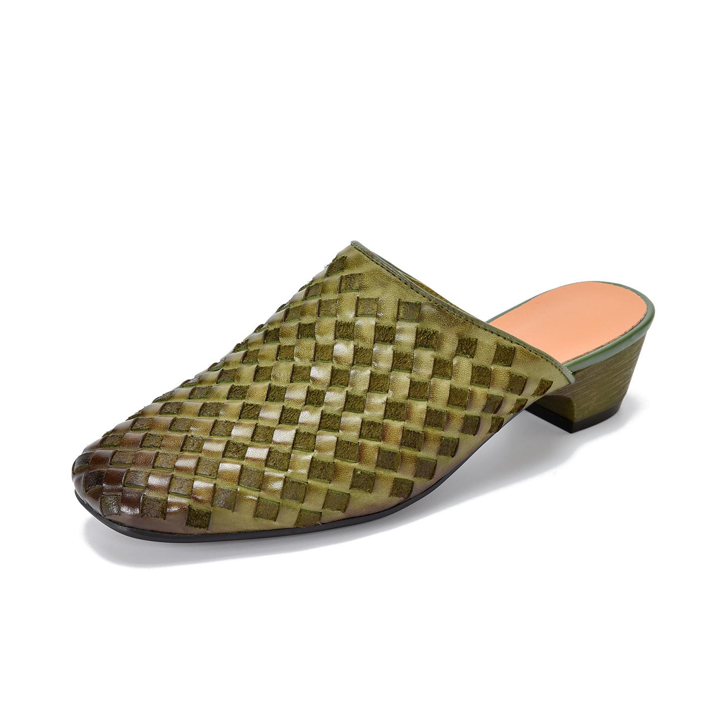 

Johnature Handmade Woven Genuine Leather Outdoor Mid Heeled Slippers Retro Commuter Women s Shoes 40 зелений