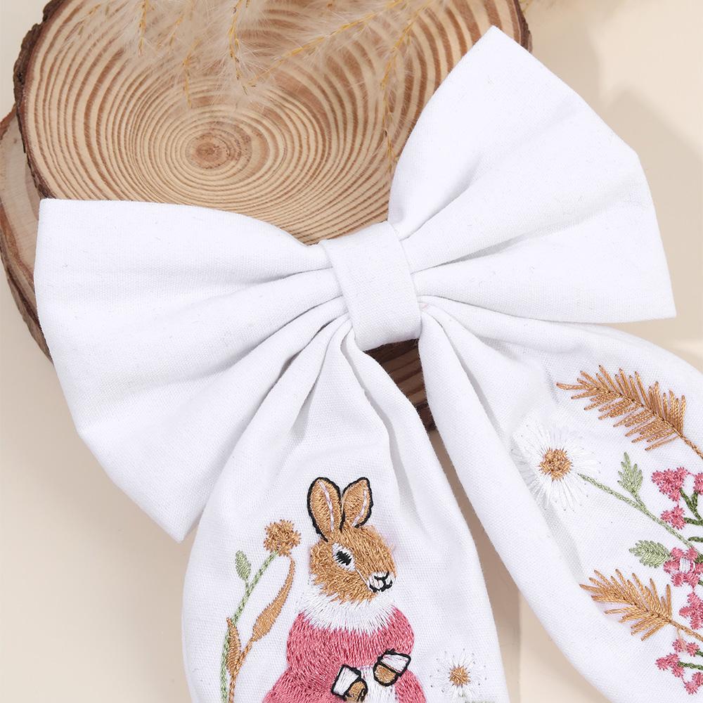Rabbit Embroidery Bow Hair Clip Sweet Girls Bunny Bowknot Hairpin Handmade Fabric Children's Headdress Headwear Kids Accessories