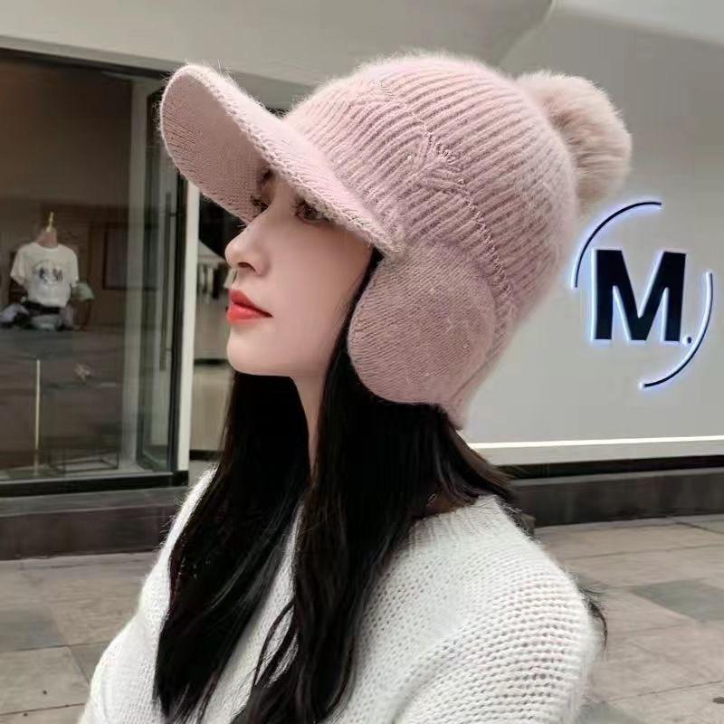 1Pc New Hat Winter Ear Protection Fleece Thermal Cotton Cold Autumn and Winter Foreign Style Knitted Fleece Wool Peaked Cap Women