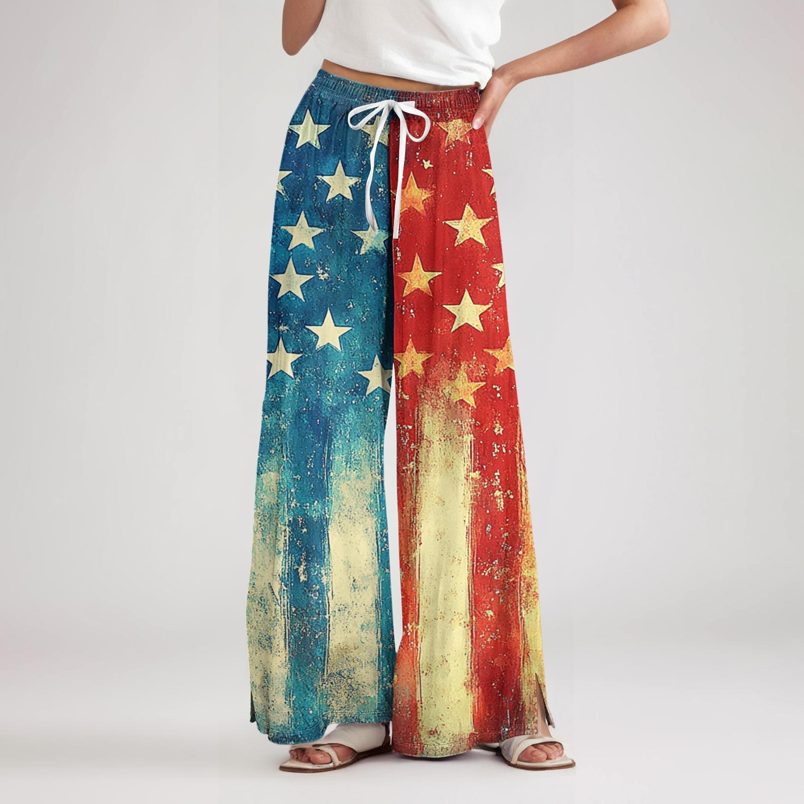 

Ladies loose casual independent day printed wide leg pants with elastic waist drawstring and pocket pants XL жовтий