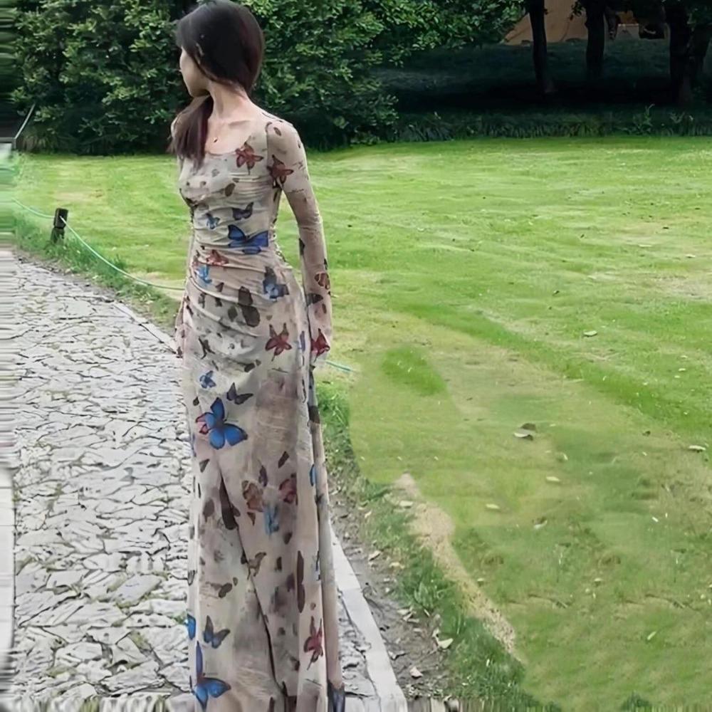 Women Square Neck Long Sleeve Maxi Dress Vintage Butterfly Print Ruched Bodycon Mesh Long Dress