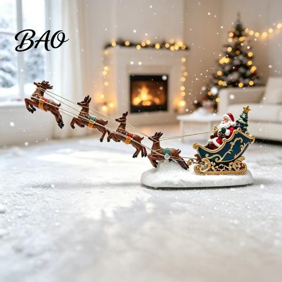 Colorful LED Holiday Lights Christmas Deer Pulling Sled Figurine, Santa Reindeer Scene Decor with Home Fireplace Ornaments Lights, Tabletop