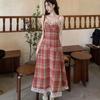 Sukienka bez rękawów w czerwoną kratę damska Midi Harajuku Hotsweet letnia koronkowa sukienka Spaghetti dla pań sukienka retro z wysokim stanem