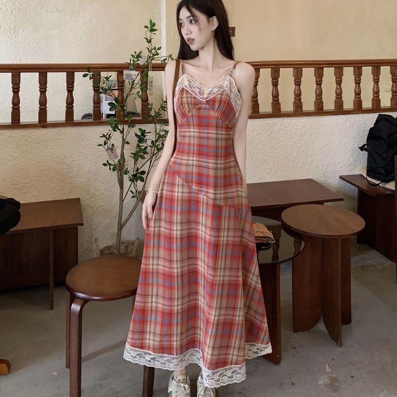 Sukienka bez rękawów w czerwoną kratę damska Midi Harajuku Hotsweet letnia koronkowa sukienka Spaghetti dla pań sukienka retro z wysokim stanem
