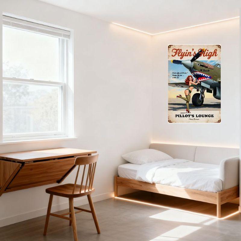 Vintage Aviation Metal Tin Sign Flyin’s High with Airplane & Pin-Up Girl “Pilot’s Lounge” Retro Wall Decor for Man Cave Bar Café
