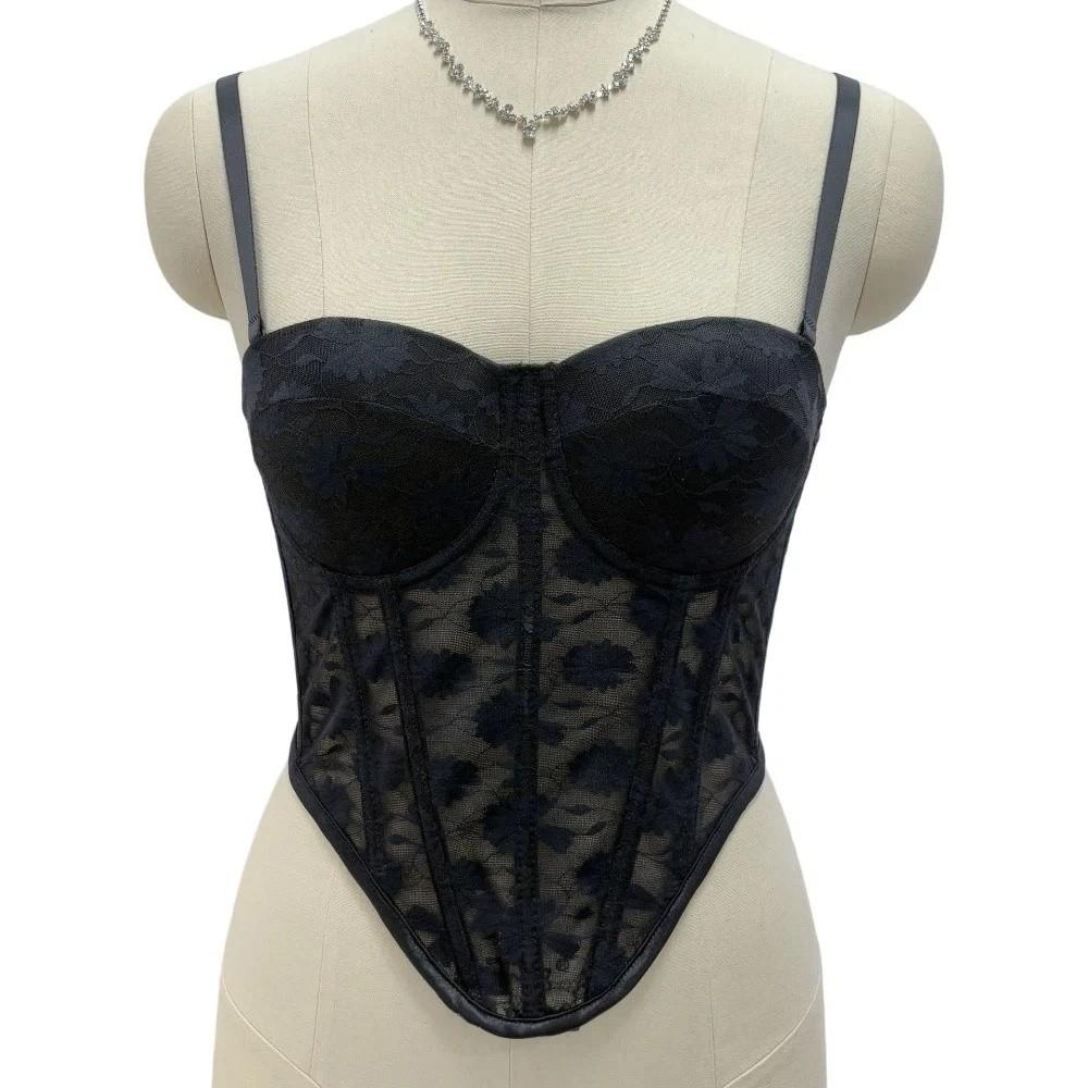 Spicy Girl Style with Buckle Lace Camisole with Pads Sleeveless Elegant Crop Tops Tanks Mesh Flower Suspender Vest Travel