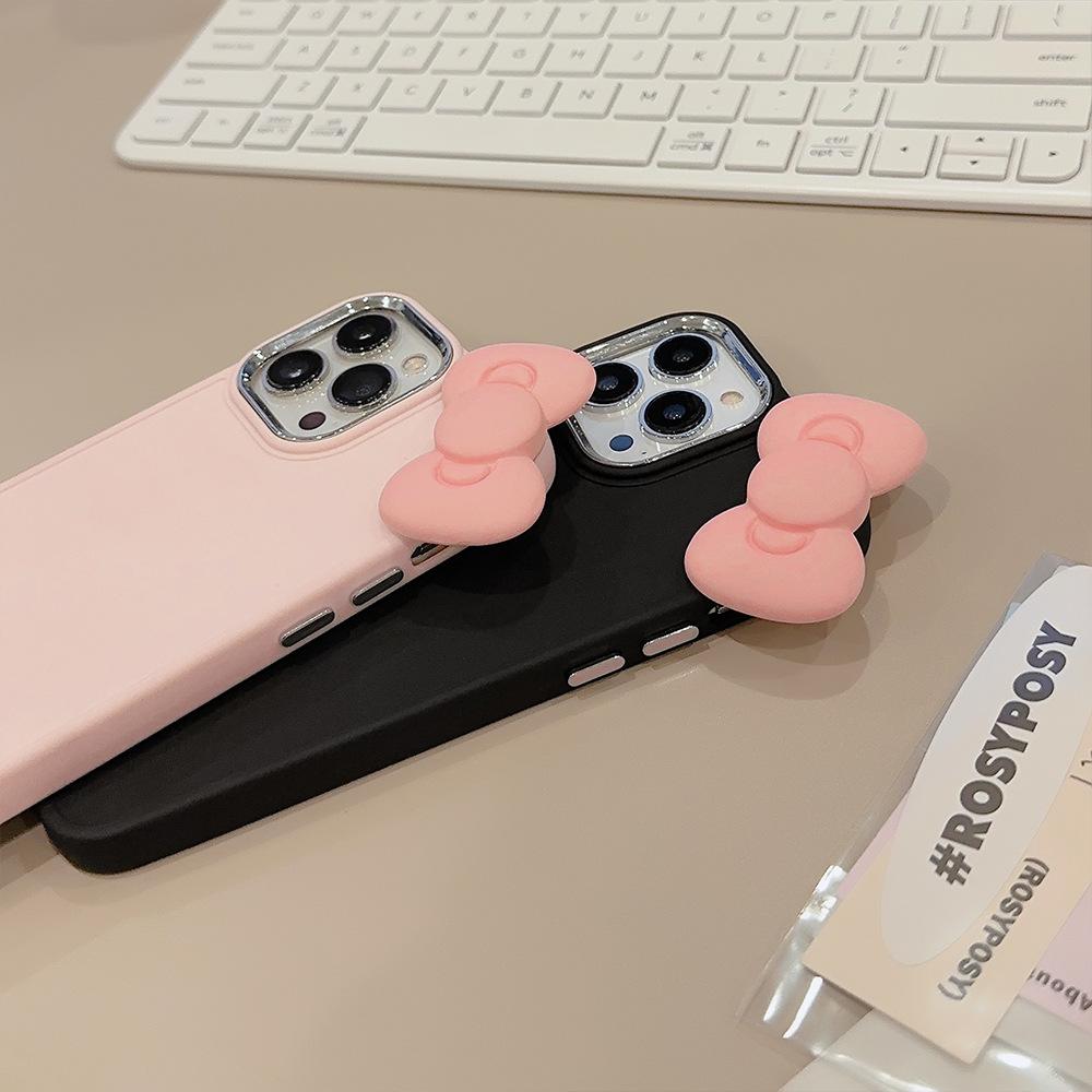 Cute Pink Bow Iphone17 Apple 16 Mobile Phone Case 11 Three-dimensional 13 Silicane 14 Promax Suitable for 12 Sets