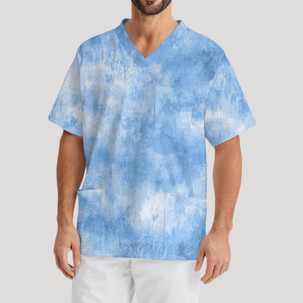 Men's Printing Short Sleeve V-neck Working Blouse Chest Pocket Carer Top