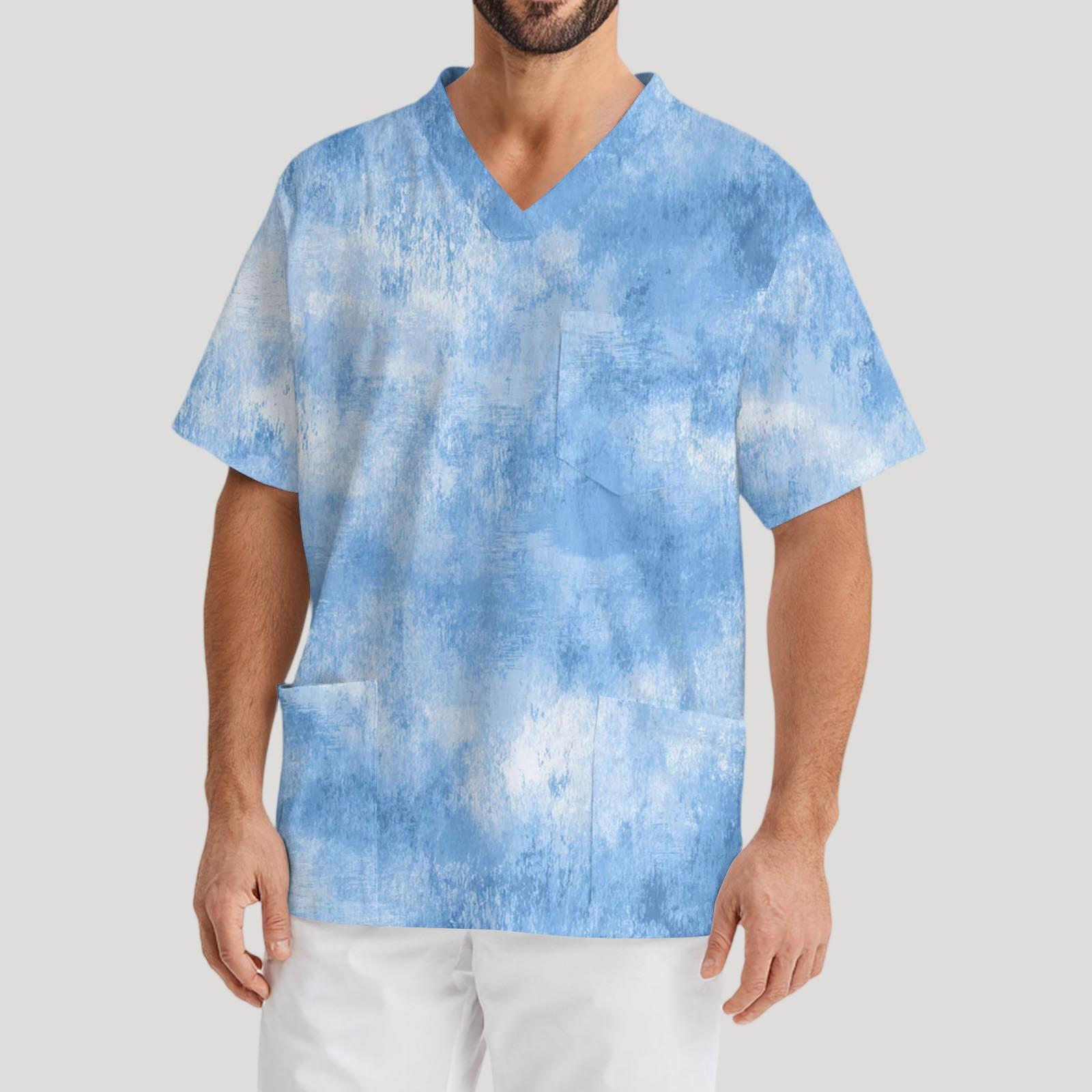 

Мужская рабочая блузка с короткими рукавами и v-образным вырезом с принтом, топ с нагрудным карманом XL небесно-голубой