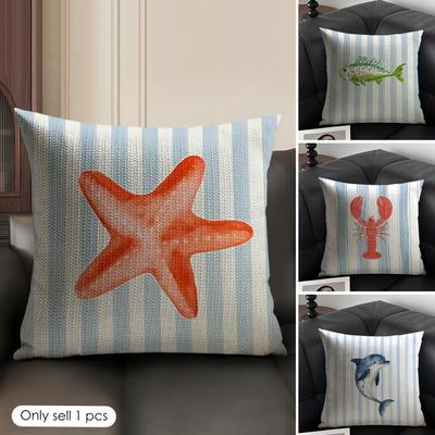 Simple Striped Marine Animals Cushion Cover Natural Linen Organic Fabric Double-Sided Printing Sofa Home Decor Gift Pillow Case