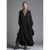 Women's Shirt Collar Three Quarter Sleeve Maxi Dress Loose Fit Relaxed Waist Vintage Solid Color Ruched Shirt Dress