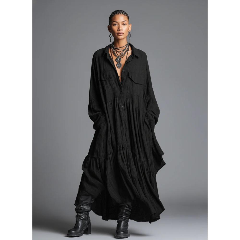 Women's Shirt Collar Three Quarter Sleeve Maxi Dress Loose Fit Relaxed Waist Vintage Solid Color Ruched Shirt Dress
