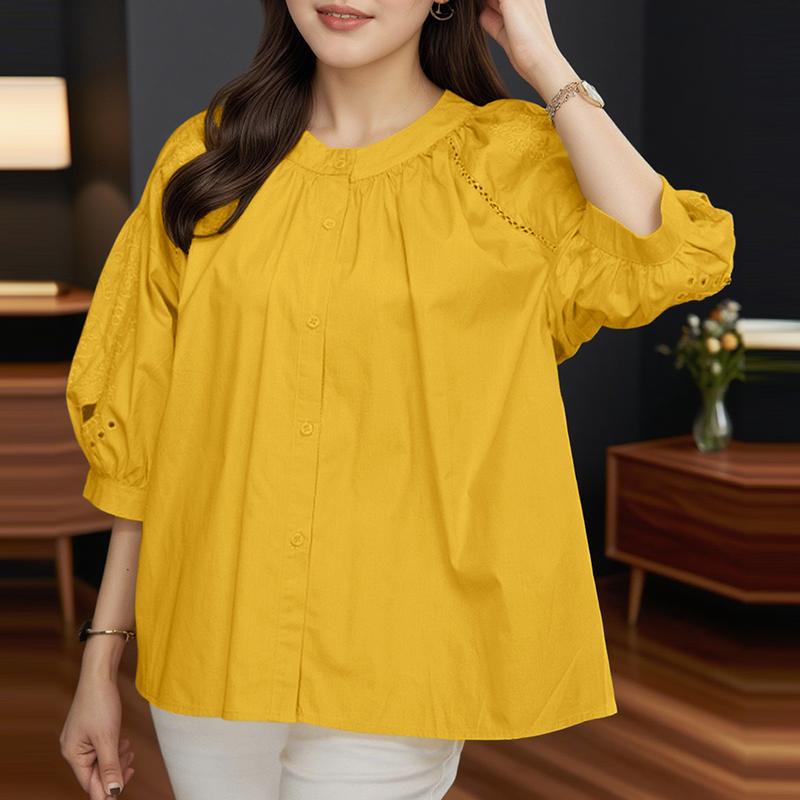 

ZANZEA Женская ажурная блузка с рукавом 3/4, свободного кроя, в стиле кэжуал 4XL жёлтый