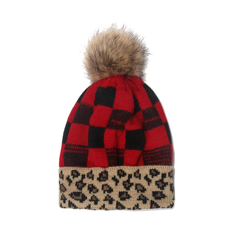 Cross-border Amazon autumn and winter foreign trade explosion hairball knitted hat leopard print plaid wool hat women's warm hat women
