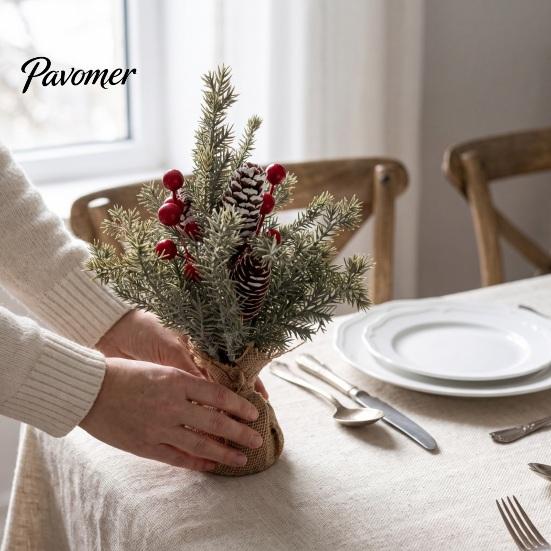 Seasonal Home Decoration Desktop Miniature Christmas Tree with Red Berries, Artificial Mini Pine Burlap Plant for Base, Tabletop Faux Small
