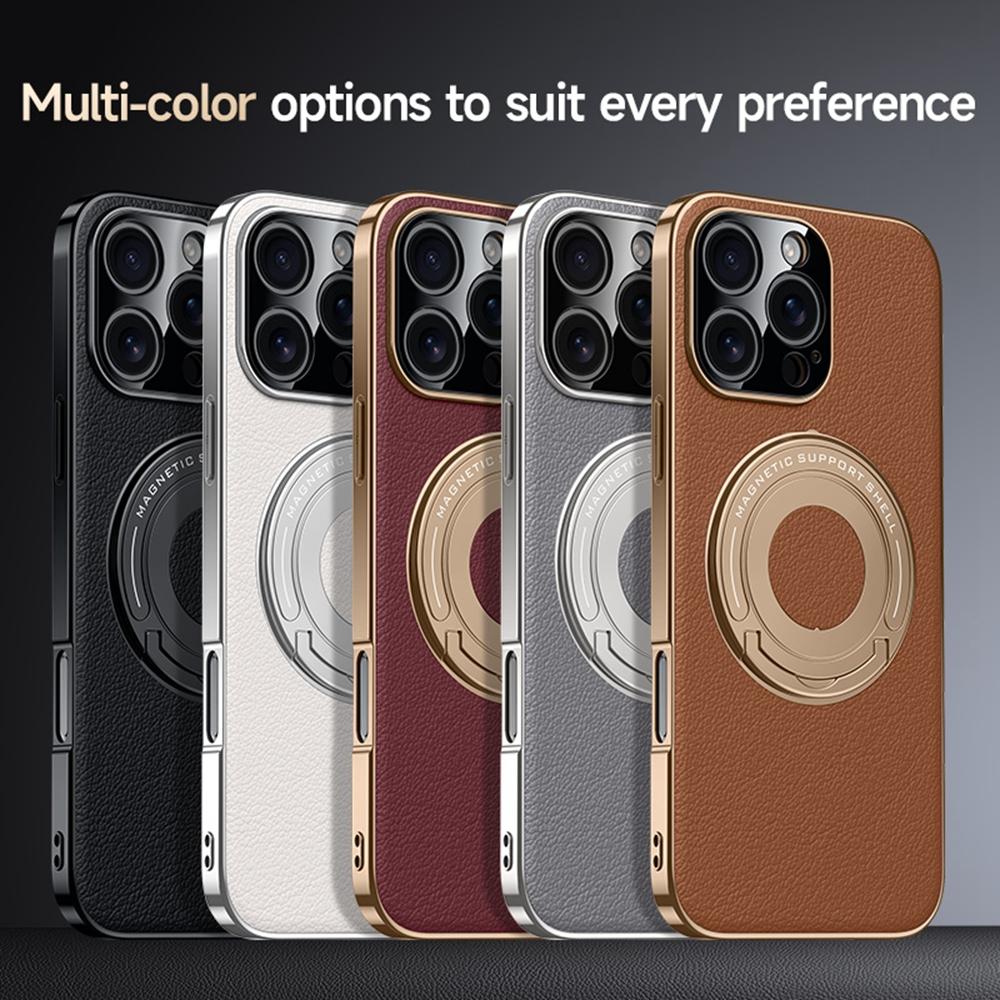 For iPhone 16 Pro Case Compatible with MagSafe Leather TPU Back Cover with Hidden Kickstand