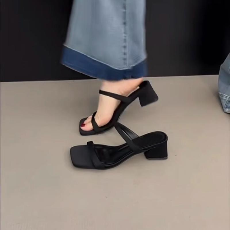 Fashion 2025 New Summer Square Toe Slip on Women Slippers Ladies Elegant Outdoor Street Style Thick Heel Slides