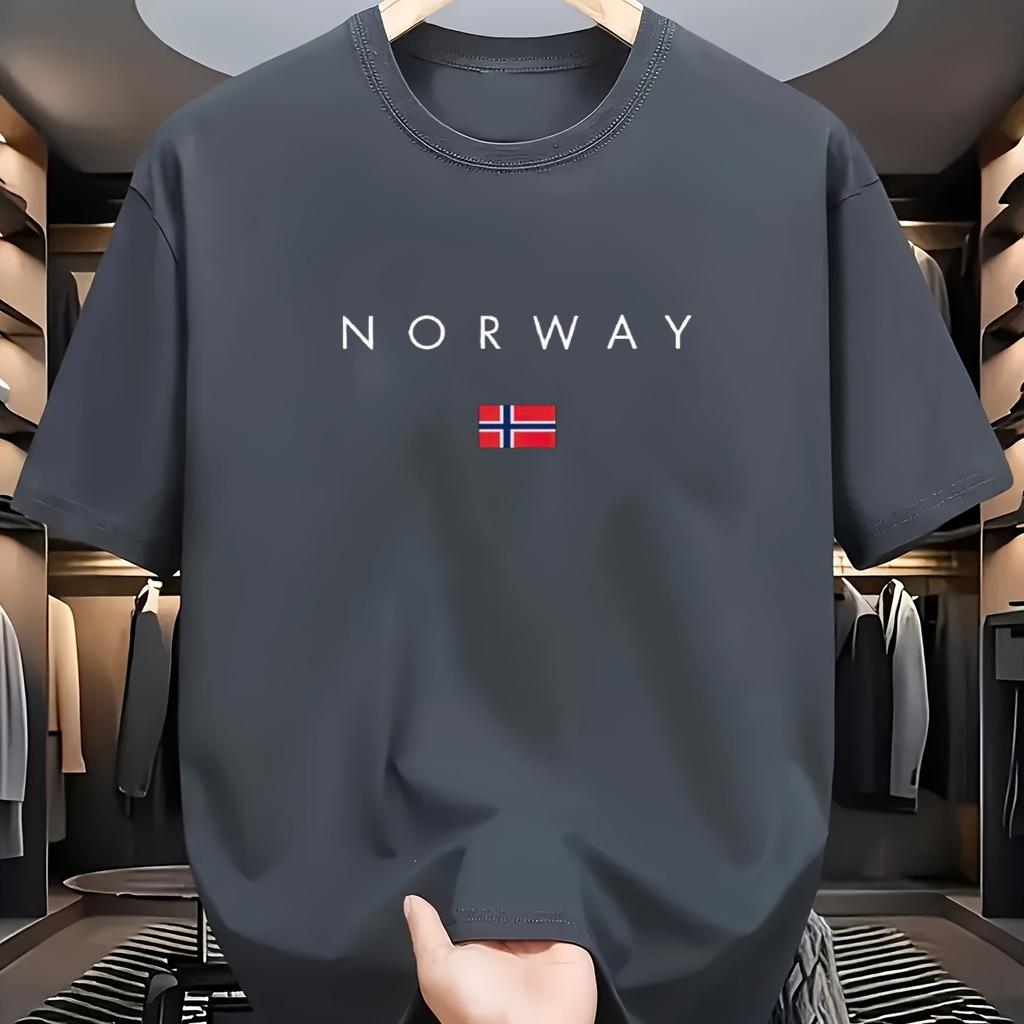 NORWAY Men's Short-sleeved T-shirt with Round Neck and Print, 100% Pure, Sporty, Casual, Loose-fitting, with Summer Print