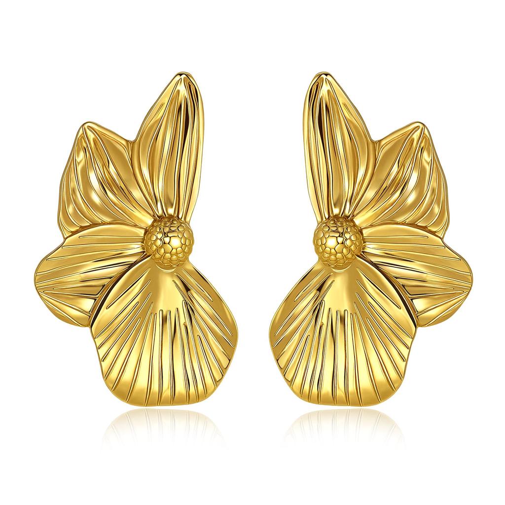 18K Gold Petal-Shaped Stud Earrings: High-End European & American Style for Women