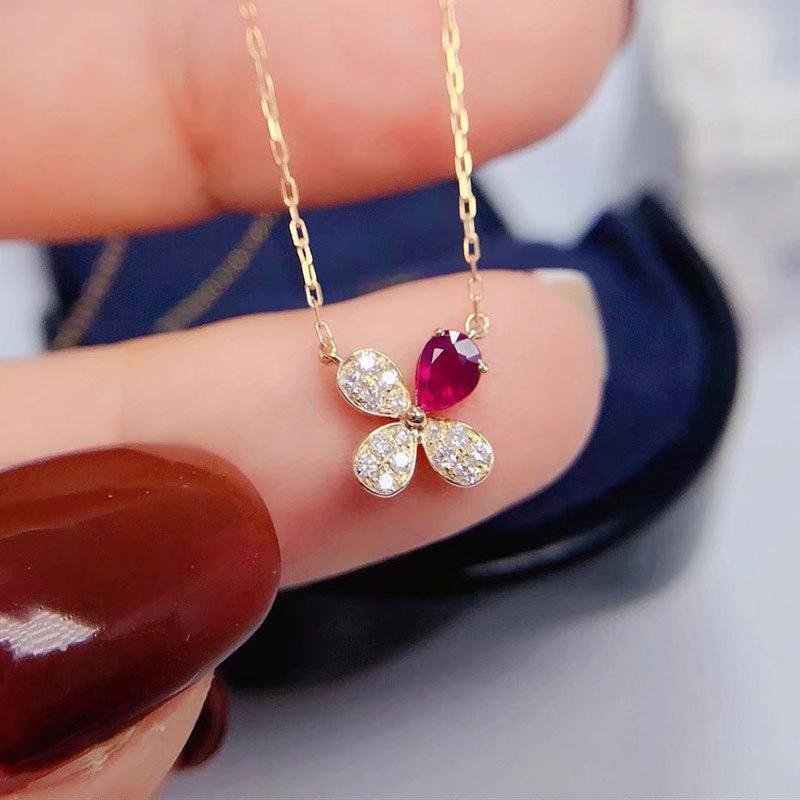 Rose Red Diamond Four-leaf Clover Diamond Necklace High-end Clavicle Chain Flower Necklace Women