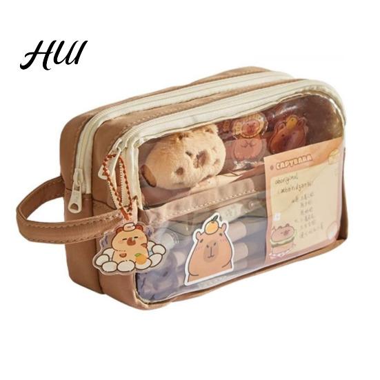 Splashes-proof Pencil Case 1 Set with Bonus Doll Stickers Waterproof Capybara Bag Spacious Multi-Level Compartments Pouch Multi-level Storage кофейный