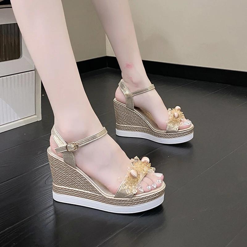 Módní dámské sandály 2025 Léto Nové Perlové Průhledné Kamínky Vysoké Podpatky Spona Módní Dámské Klínkové Sandály Dámské Plážové Boty