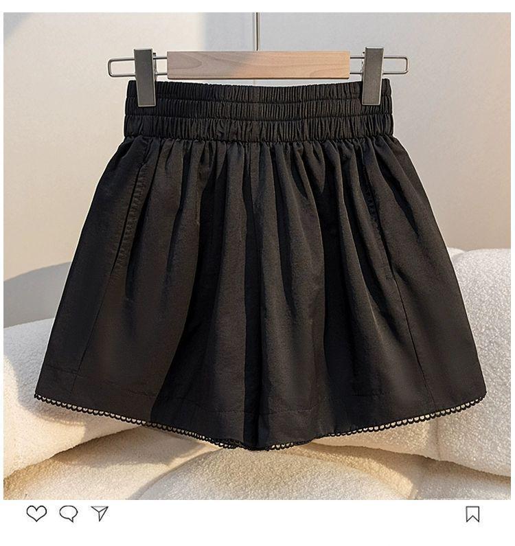 Korean Style Women's Lace Trim Elastic Waist Shorts - 2025 Summer Petite Casual Loose Slimming Wide Leg Pants