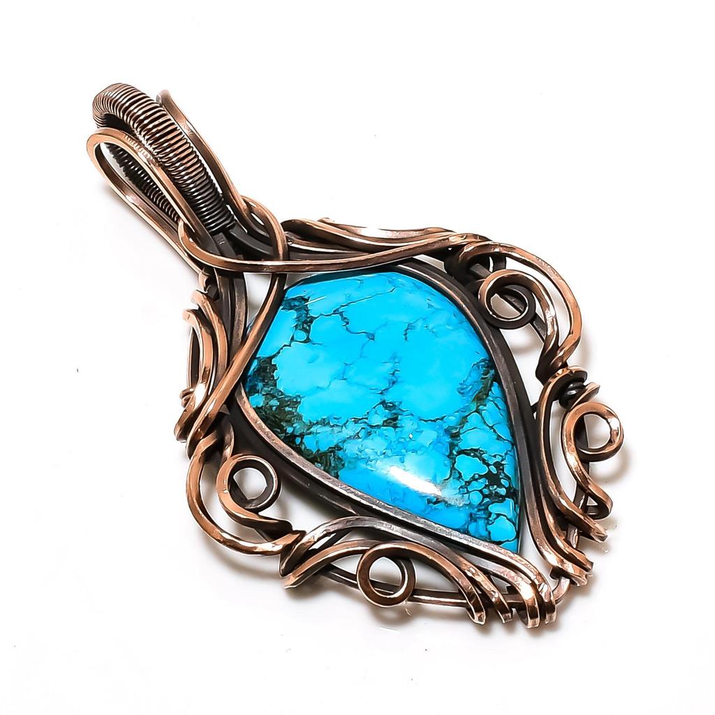 Turquoise 999 Copper Wire Wrapped Pendant, Handmade Gemstone Pendant Jewelry, Gifts For Wife Brand New Pendant