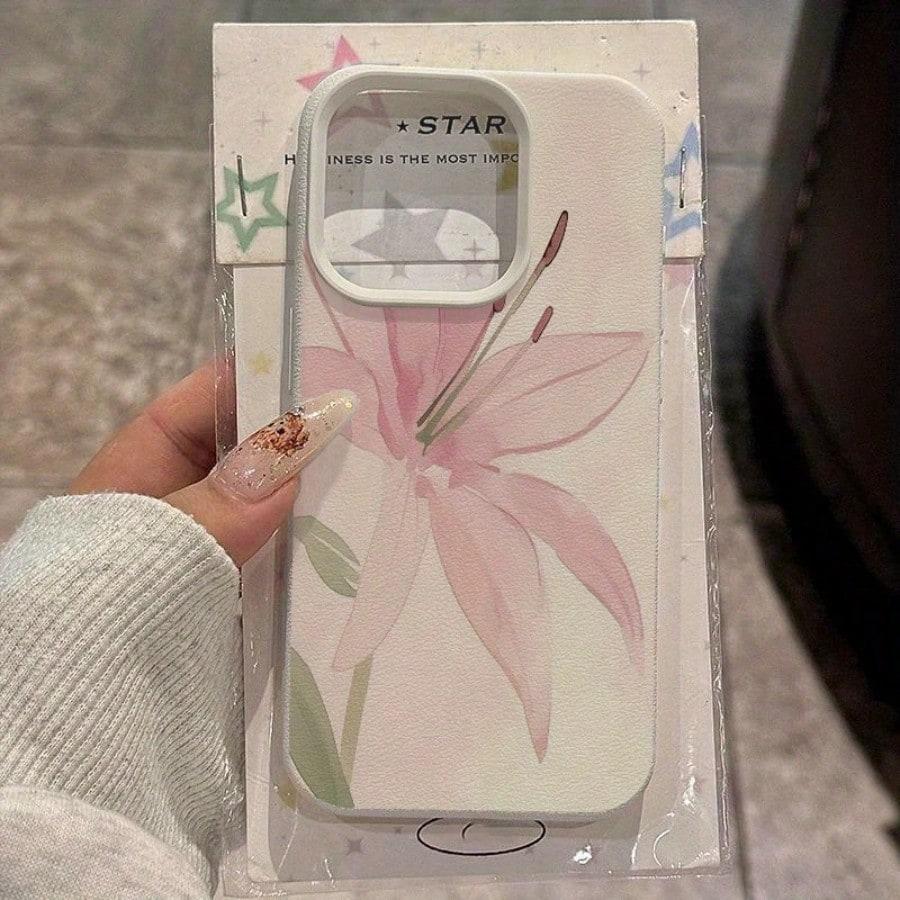 Aesthetic Lily Flower Imitation Leather Phone Case for iPhone 16 E 15 14 Plus 13 12 11 Pro Max XS Max XR XS X Silicone Cover