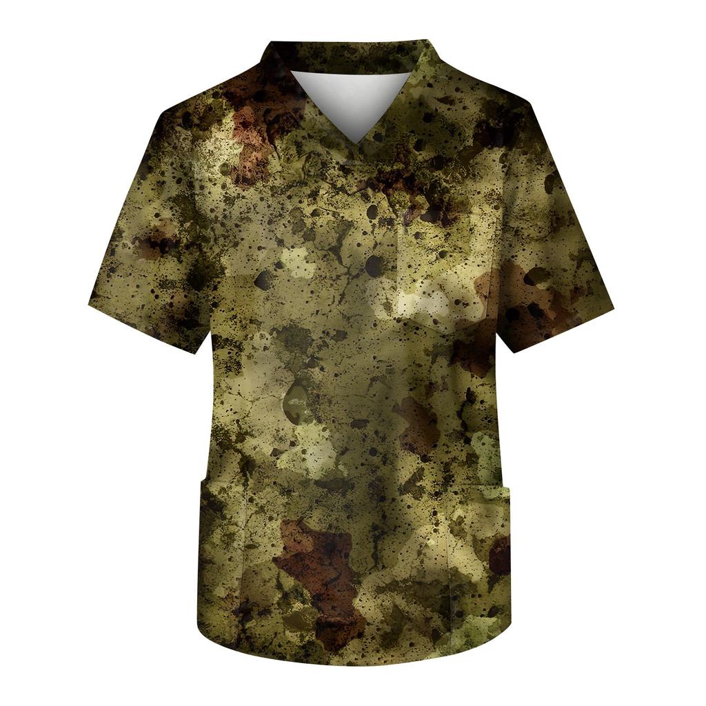 Men's Printing Short Sleeve V-neck Working Blouse Chest Pocket Carer Top