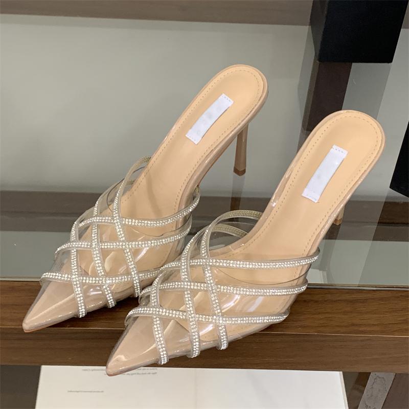 

Eilyken PVC Transparent Crystal Pointed Toe Women Slippers Pumps Mule Shoes Elegant Thin High Heels Banquet Party Sandals 35 абрикосовый