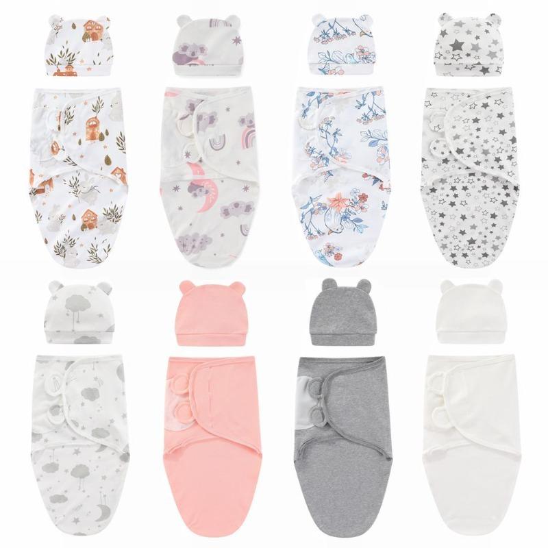 2PCS Set Newborn Swaddle Wrap with Bear Ear Hat Soft Cotton Anti‑Startle Adjustable Anti‑Kick Baby Sleepsack Breathable Infant Sleeping Blanket